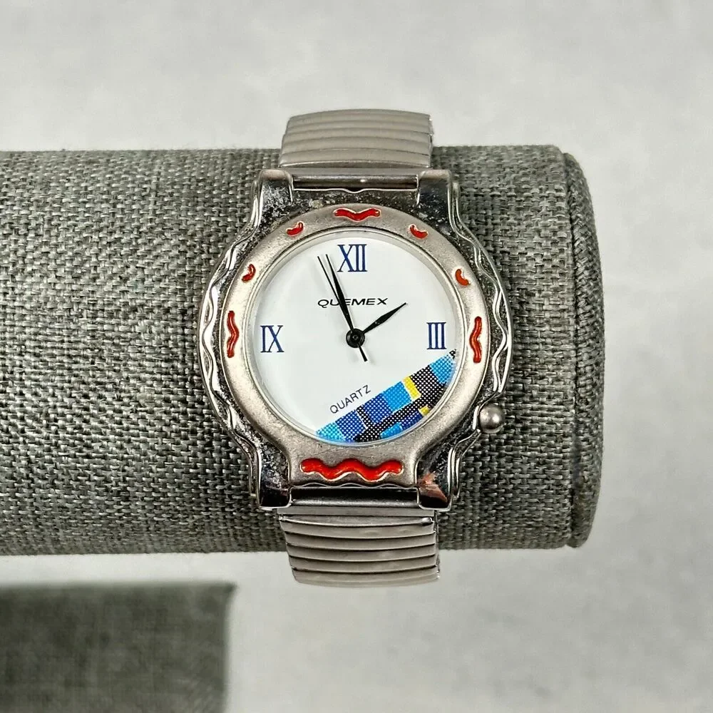 VTG Quemex Watch Mens 35mm Round Aztec Southwestern Silver Tone New Battery